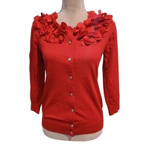 Cable & Gauge Red Floral Applique Cardigan Rhinestone Button Sweater  Small New